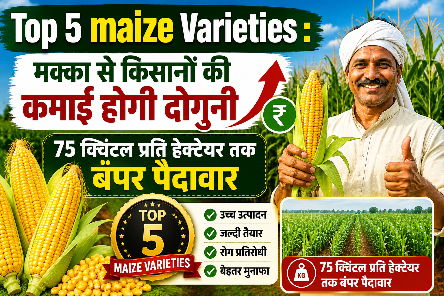 Top 5 maize Varieties : मक्का से किसानों की कमाई होगी दोगुनी, 75 क्विंटल प्रति हेक्टेयर तक बंपर पैदावार