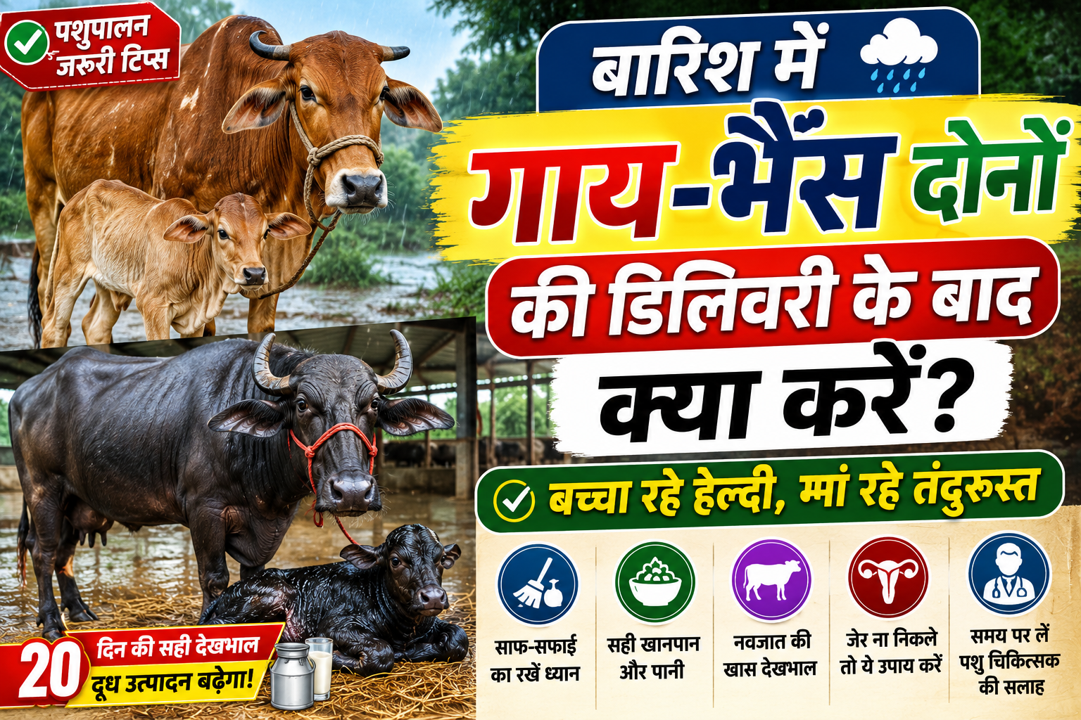 बारिश में गाय-भैंस के नवजात बच्चे की देखभाल कैसे करें? जानिए प्रसव के बाद जरूरी प्रबंधन और स्वास्थ्य उपाय Barish Me Gaay Bhains Ki Delivery Ke Baad Kya Kare