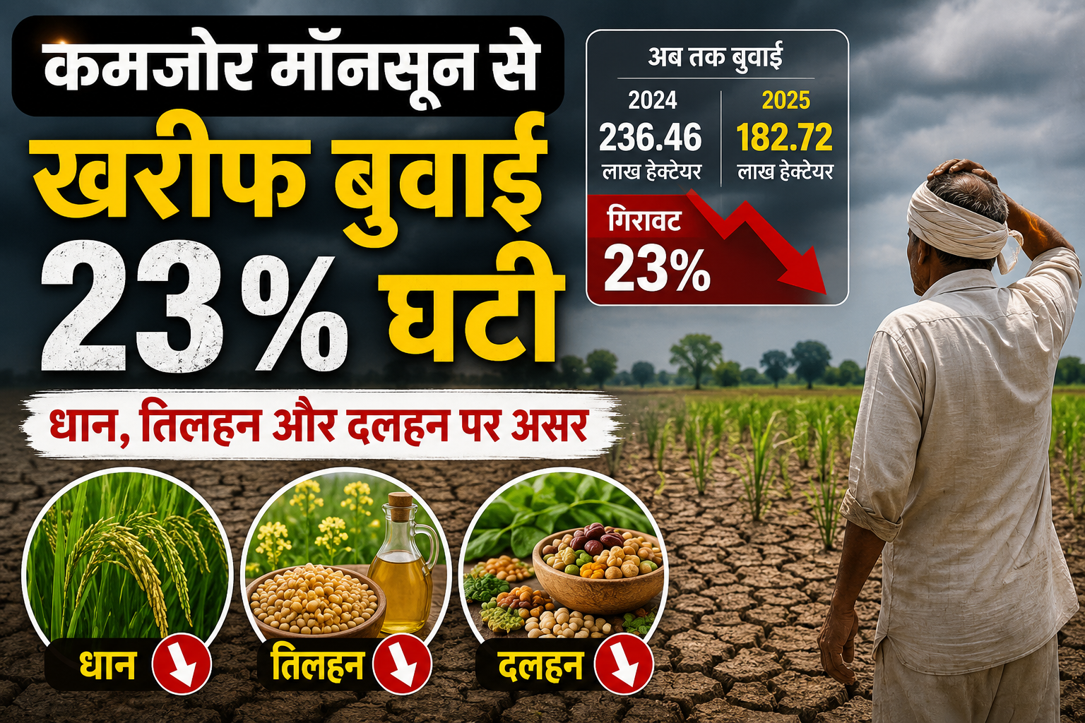 Kharif Sowing Update:कमजोर मॉनसून से खरीफ बुवाई 23% घटी | धान, तिलहन और दलहन पर असर