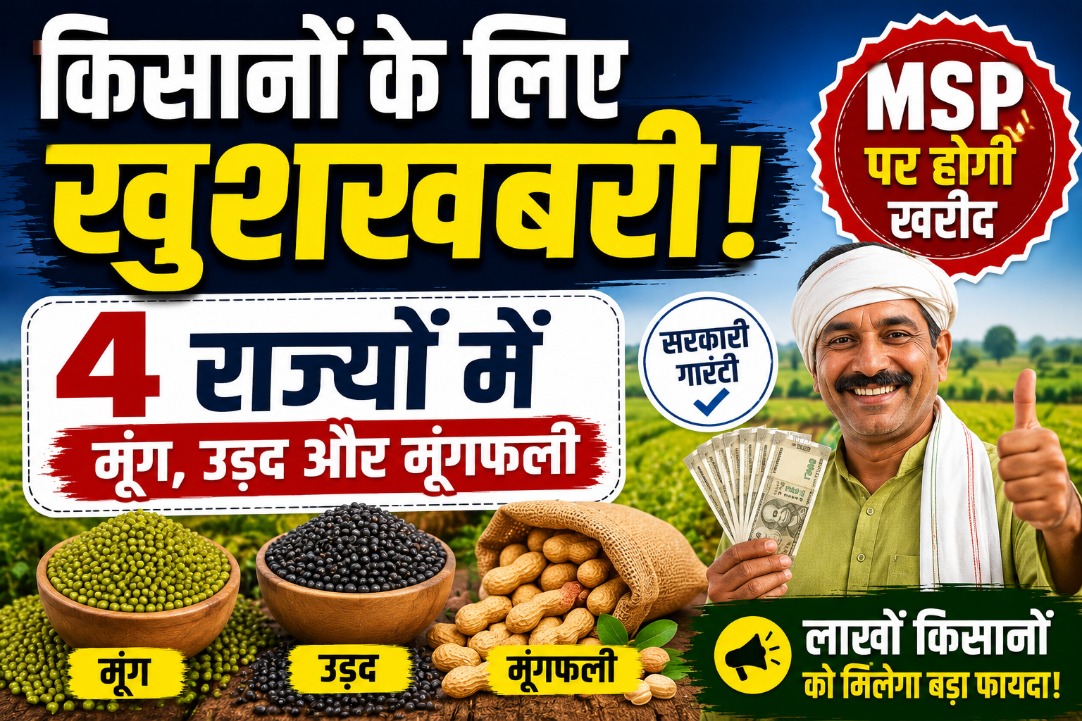 किसानों के लिए बड़ी खुशखबरी! 4 राज्यों में MSP पर होगी मूंग, उड़द और मूंगफली की खरीद, लाखों किसानों को मिलेगा फायदा MSP Par Moong Urad Aur Moongfali Kharid