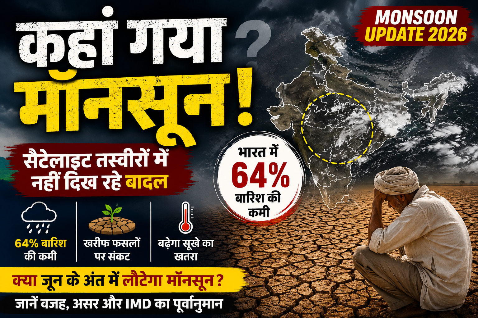 कहां गया मॉनसून? सैटेलाइट तस्वीरों में नहीं दिख रहे बादल, भारत में 64% बारिश की कमी से बढ़ा सूखे का खतरा Monsoon Update 2026