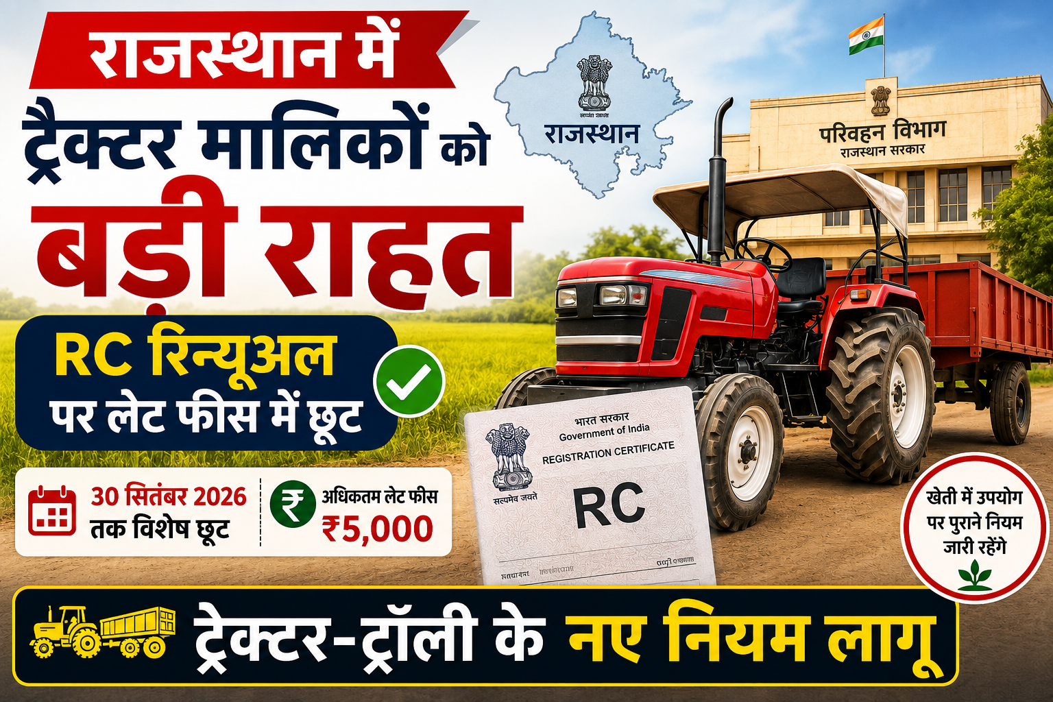 Rajasthan Tractor RC Renewal: राजस्थान में ट्रैक्टर मालिकों को बड़ी राहत, RC रिन्यूअल पर लेट फीस में छूट, ट्रैक्टर-ट्रॉली के लिए नए नियम लागू