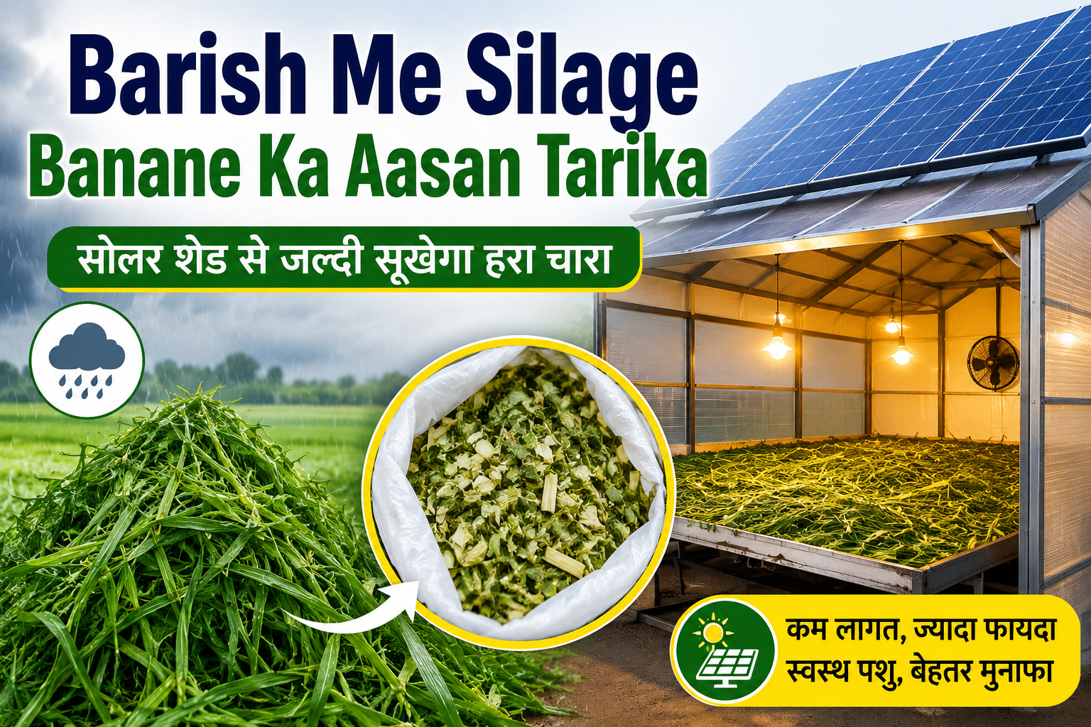 सोलर शेड से बारिश में भी जल्दी सूखेगा हरा चारा Barish Me Silage Banane Ka Aasan Tarika