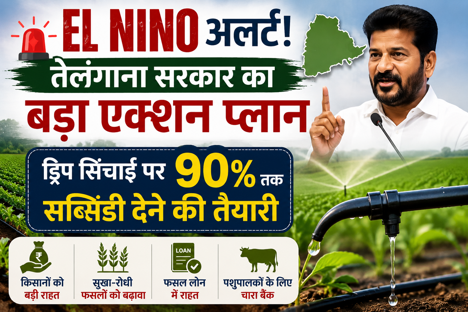 अलर्ट! तेलंगाना सरकार का बड़ा एक्शन प्लान, किसानों को मिलेगी ड्रिप सिंचाई पर 90% तक सब्सिडी El Nino Ke Asar Se Telangana Sarkar Ka Action Plan