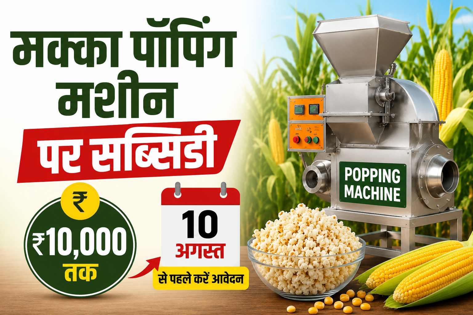10 अगस्त से पहले करें आवेदन, सरकार दे रही ₹10,000 तक की सब्सिडी    Makka Popping Machine Subsidy Kaise Milegi?