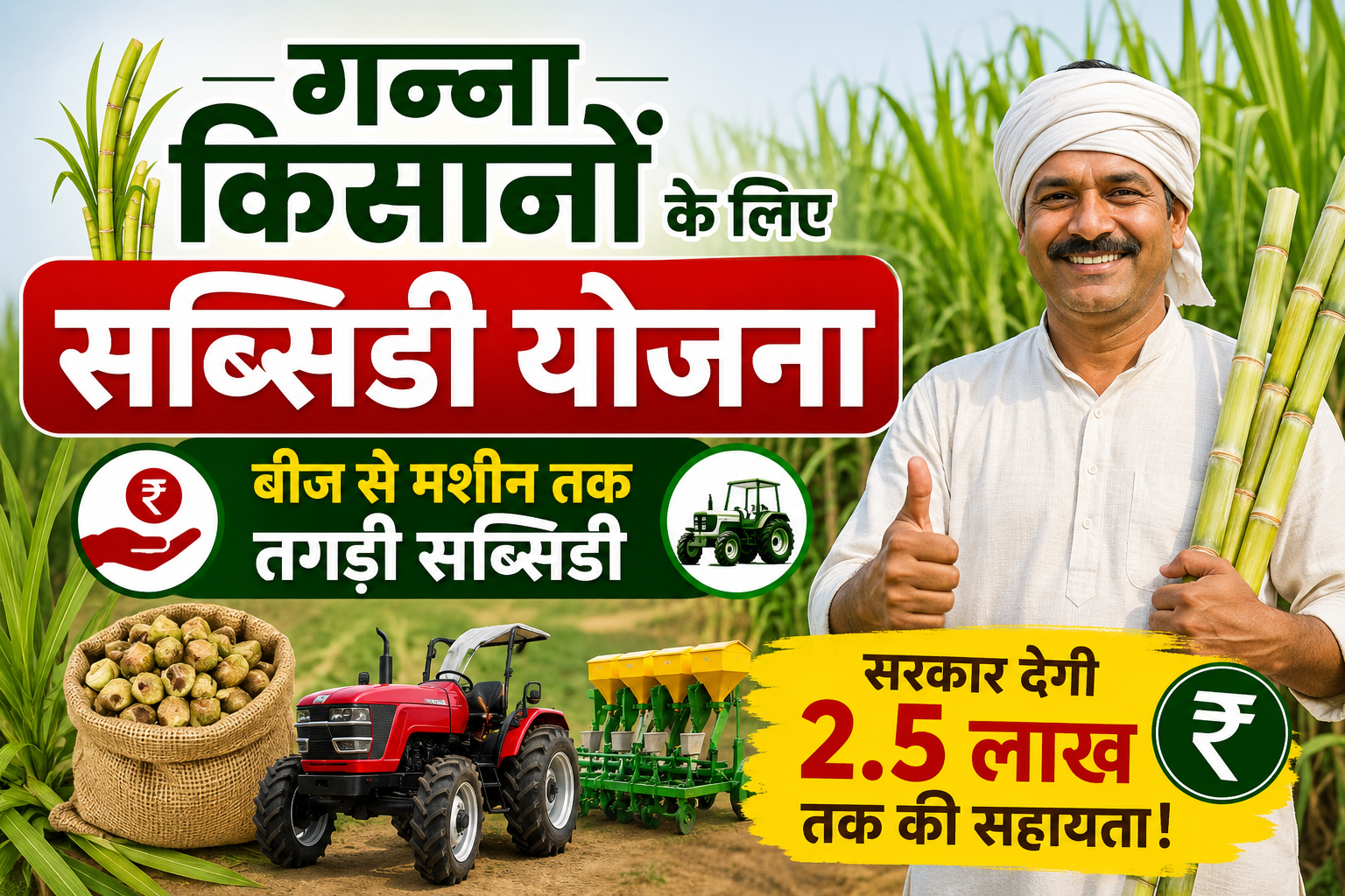 गन्ना किसानों के लिए सब्सिडी योजना के तहत बीज, कृषि यंत्र और खेती के लिए 2.5 लाख रुपये तक की सरकारी सहायता Sugarcane Farming