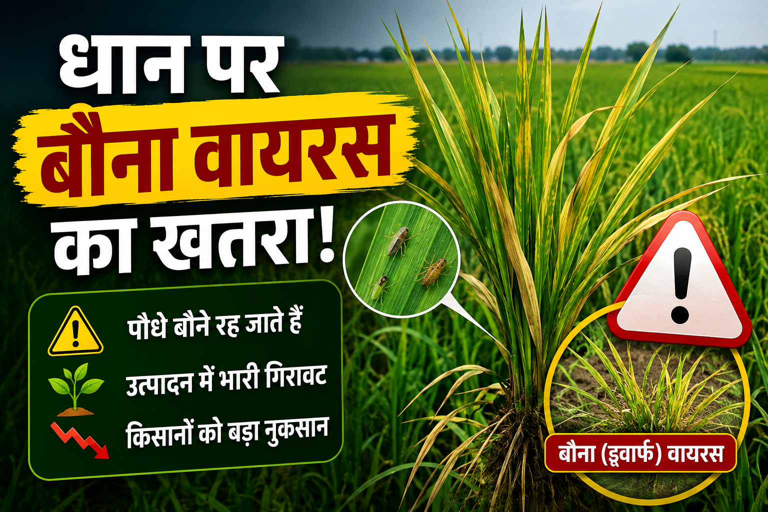 धान पर बौना वायरस का खतरा बढ़ने से रोपाई की रफ्तार धीमी ,केवल 55% रकबा ही कवर हो पाया Rice Dwarf Virus