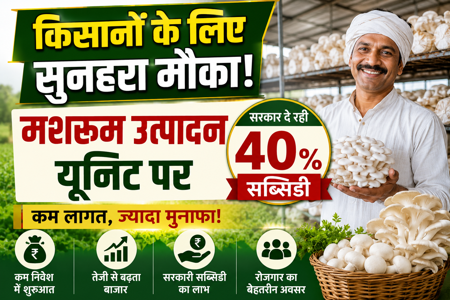 किसानों के लिए सुनहरा मौका! मशरूम उत्पादन यूनिट पर सरकार दे रही 40% सब्सिडी Mushroom Farming Subsidy