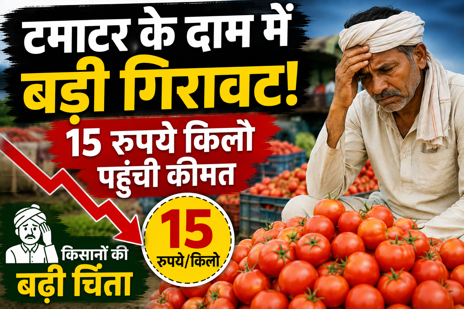 टमाटर के दाम में बड़ी गिरावट, 15 रुपये किलो पहुंची कीमत, किसानों की बढ़ी चिंता Tomato Price Fall Today