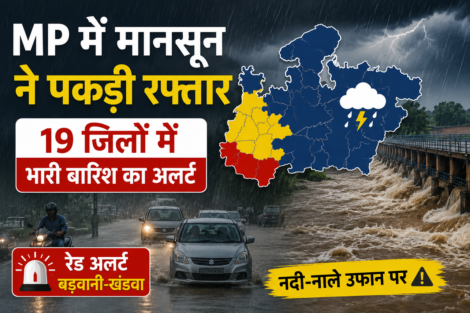 मध्यप्रदेश में मानसून ने पकड़ी रफ्तार, 19 जिलों में आज भारी बारिश का अलर्ट, नदी-नाले उफान पर MP Weather Update Today