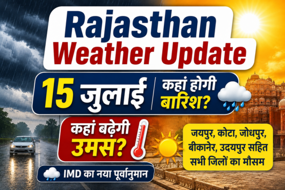 Rajasthan Weather Update showing IMD rain forecast for Jaipur, Jodhpur, Kota, Udaipur, Bikaner and other districts.