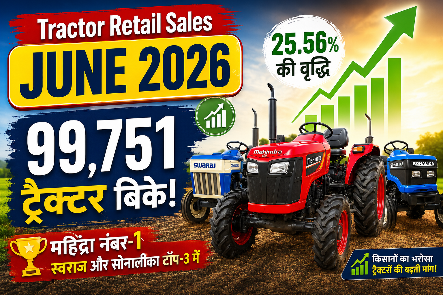 Tractor Retail Sales June 2026: 99,751 ट्रैक्टर बिके, 25.56% की वृद्धि, महिंद्रा नंबर-1, स्वराज और सोनालीका टॉप-3 में