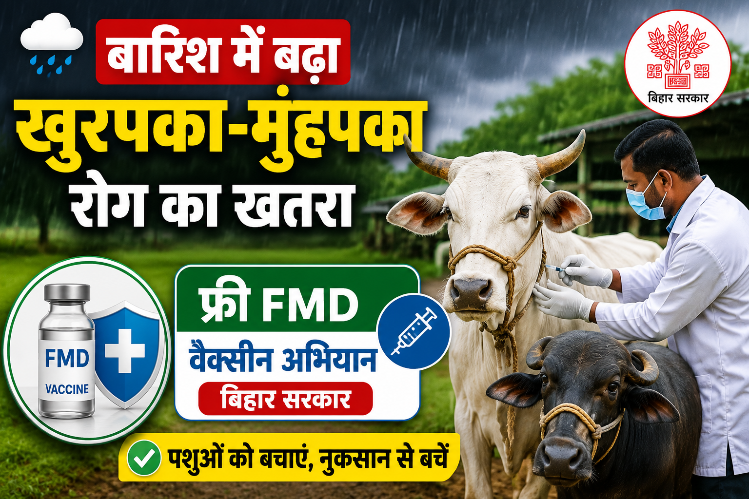 बारिश में बढ़ा खुरपका-मुंहपका रोग का खतरा, बिहार सरकार चला रही फ्री FMD वैक्सीन अभियान Bihar Free FMD Vaccination