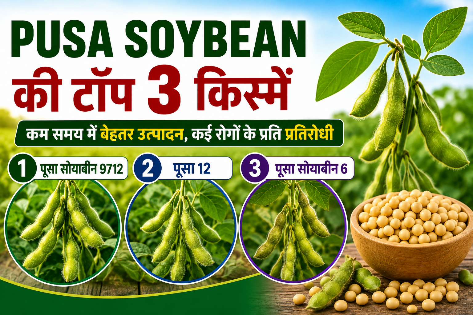 कम समय में अधिक उत्पादन देने वाली पूसा की 3 उन्नत सोयाबीन किस्में Pusa Soybean Ki Top 3 Kisme Konsi Hai?