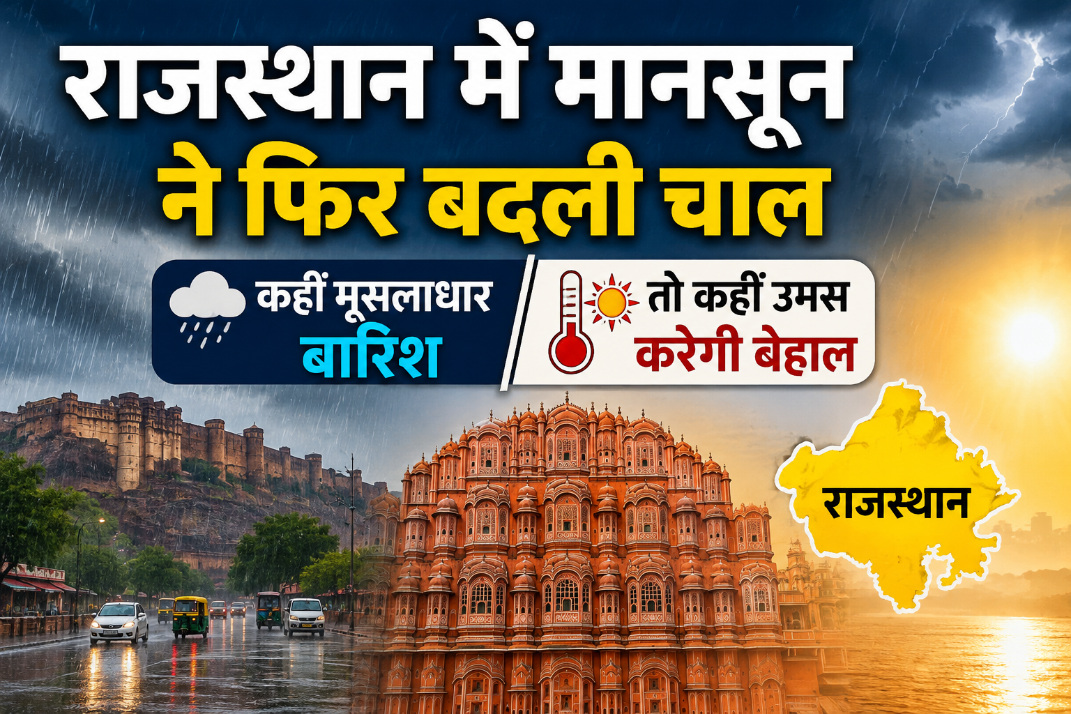 Rajasthan Weather Today: राजस्थान में मानसून ने फिर बदली चाल, कहीं मूसलाधार बारिश तो कहीं उमस करेगी बेहाल