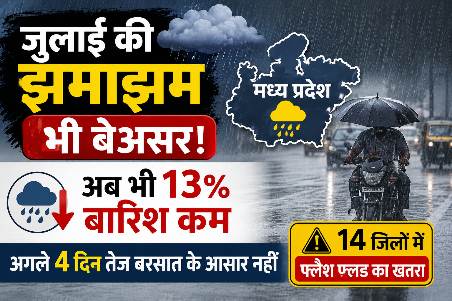 MP Weather Today: मध्य प्रदेश में अब भी 13% बारिश की कमी, 42 जिलों में कम वर्षा, 14 जिलों में फ्लैश फ्लड का खतरा