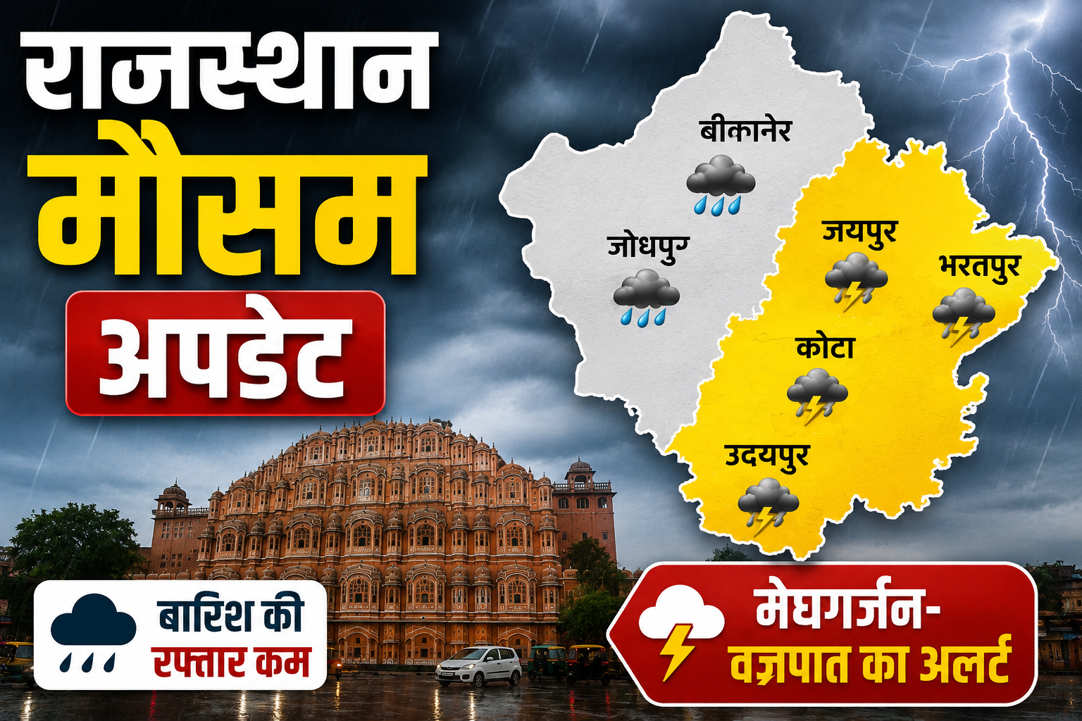 Rajasthan Weather Today: बारिश की रफ्तार होगी कम, इन जिलों में वज्रपात का अलर्ट