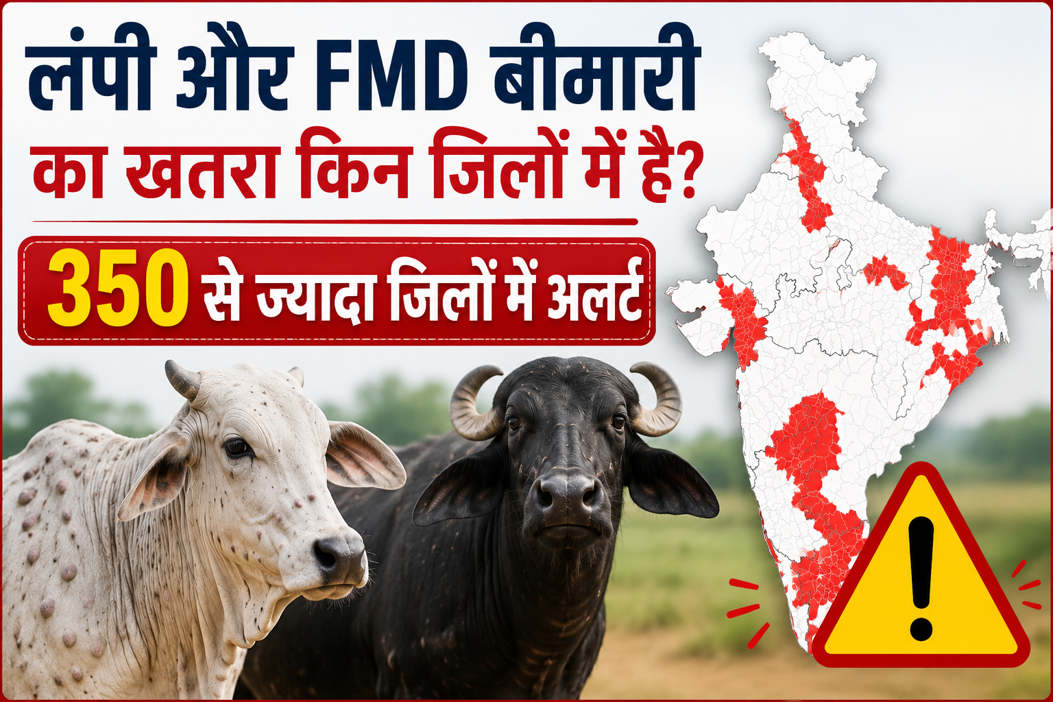 लंपी और FMD बीमारी का बढ़ा खतरा, 350 से ज्यादा जिलों में अलर्ट,दूध की सप्लाई और कीमतों पर पड़ सकता है असर Lumpy Aur FMD Bimari Ka Khatra Kin Jilon Mein Hai?