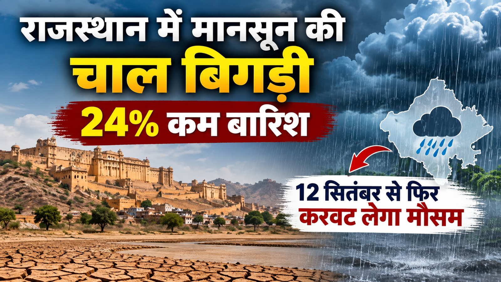 Rajasthan Weather Today: राजस्थान में मानसून की चाल बिगड़ी, 24% कम बारिश; 12 सितंबर से फिर करवट लेगा मौसम