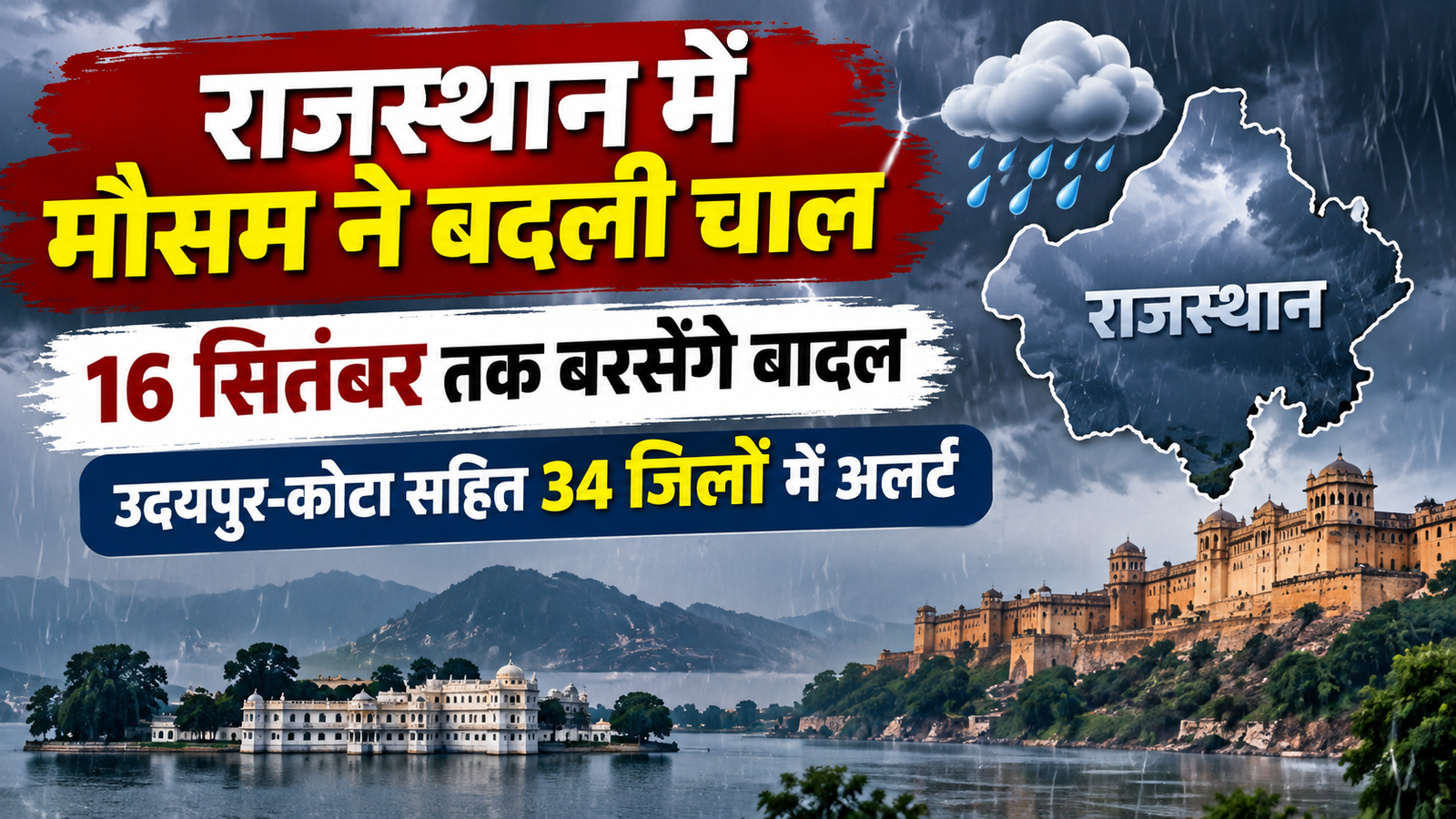 Rajasthan Weather Today: राजस्थान में बदली मौसम की चाल, 16 सितंबर तक बारिश के आसार, 34 जिलों में अलर्ट