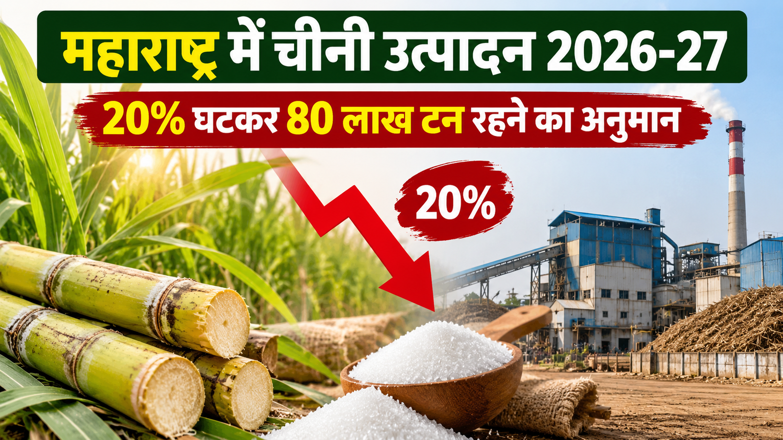 महाराष्ट्र में  20% तक घट सकता है चीनी उत्पादन, गन्ने की पैदावार भी प्रभावित  Maharashtra Mein Cheeni Utpadan 2026-27